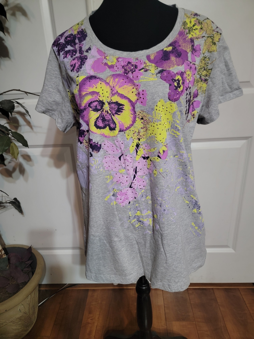 Style & Co. Gray Tee with Purple & Yellow Floral Accents